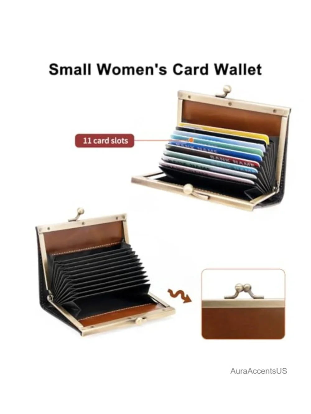 Genuine Leather Vintage Kiss Lock Card Holder Wallet for Women Bifold Compact